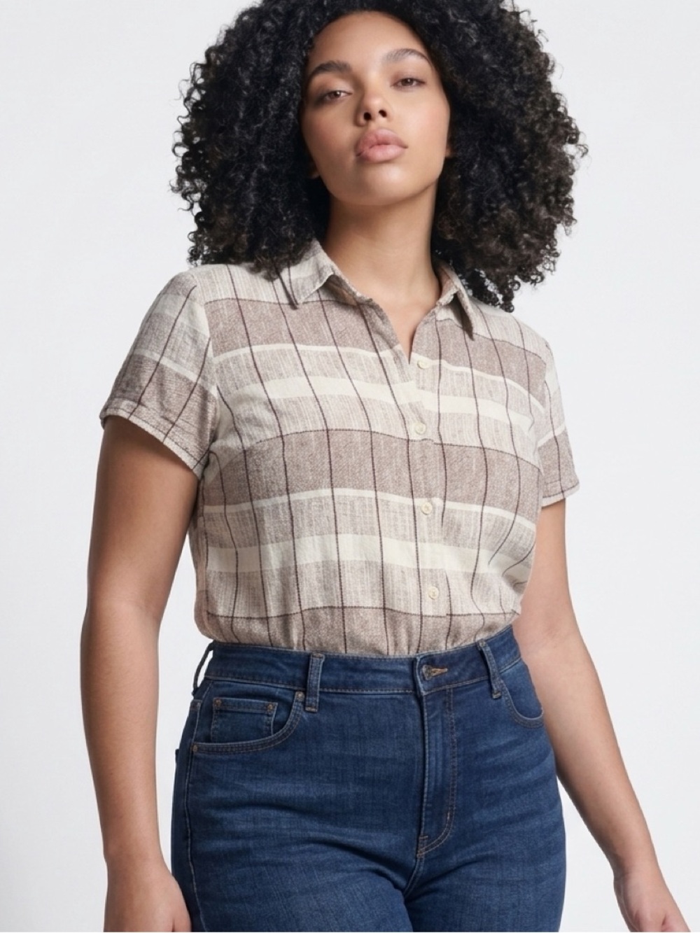 Woven Plaid Button-Up Shirt - Cream & Brown